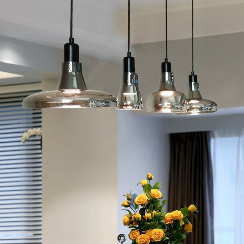 Contemporary Smoke Grey Glass Pendant Light With Pot Lid Design - Black Ceiling Lighting For Dining