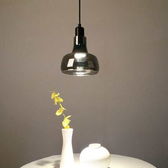 Contemporary Smoke Grey Glass Pendant Light With Pot Lid Design - Black Ceiling Lighting For Dining