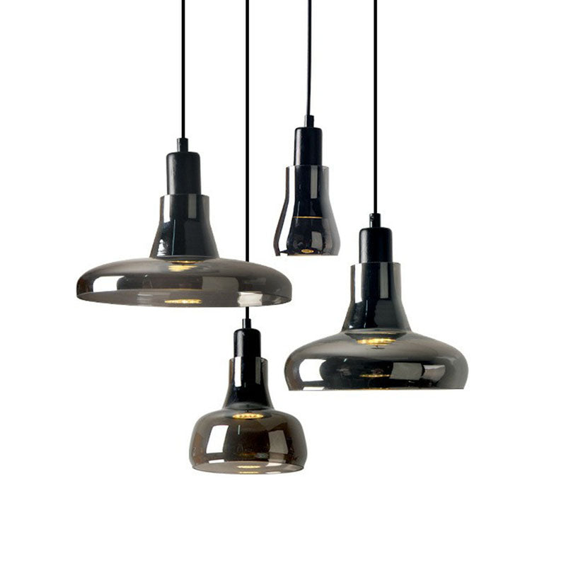 Contemporary Smoke Grey Glass Pendant Light With Pot Lid Design - Black Ceiling Lighting For Dining