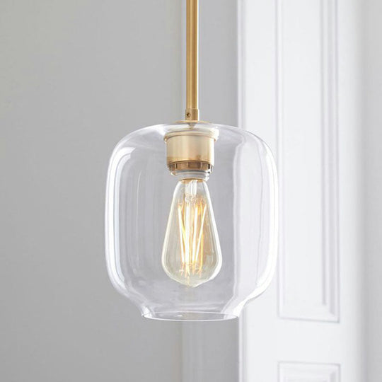 Simplicity Glass Pendant Light With Gold Finish - Clear Mug Shape Single Bulb Suspension