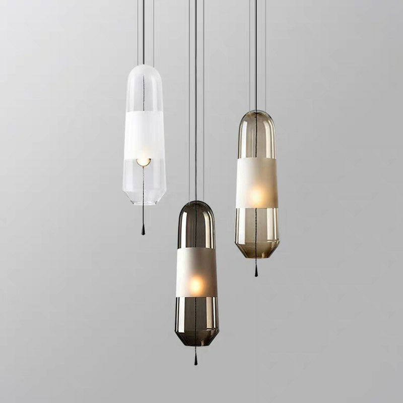 Nordic Glass 1-Bulb Elliptical Suspension Ceiling Pendant Lamp For Dining Room With Pull Chain
