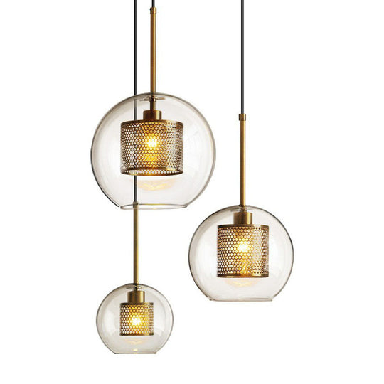 Clear Glass Geometric Pendant Lamp With Mesh Guard - Postmodern Design