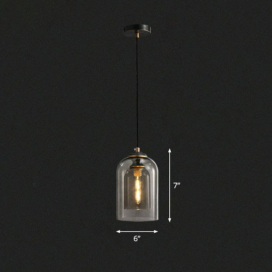 Postmodern Bedroom Hanging Lamp With Double Cloche Glass Shade - 1 Bulb Ceiling Light Smoke Gray