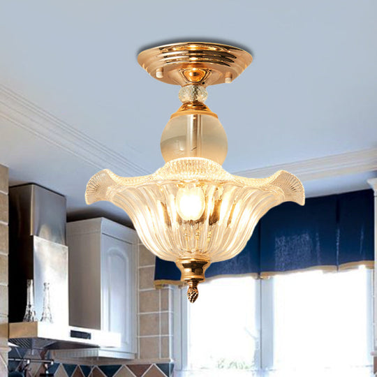 Modern Ribbed Glass Semi Flush Mount Light In Black/Gold - 12’/16’ Diameter 1 Crystal Ceiling Lamp