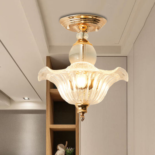 Modern Ribbed Glass Semi Flush Mount Light In Black/Gold - 12’/16’ Diameter 1 Crystal Ceiling Lamp
