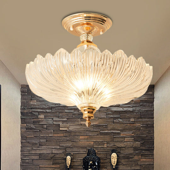 Modern Ribbed Glass Semi Flush Mount Light In Black/Gold - 12’/16’ Diameter 1 Crystal Ceiling