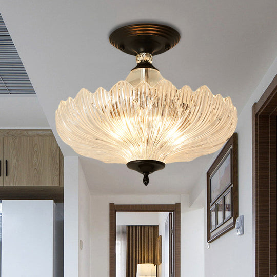 Modern Ribbed Glass Semi Flush Mount Light In Black/Gold - 12’/16’ Diameter 1 Crystal Ceiling Lamp