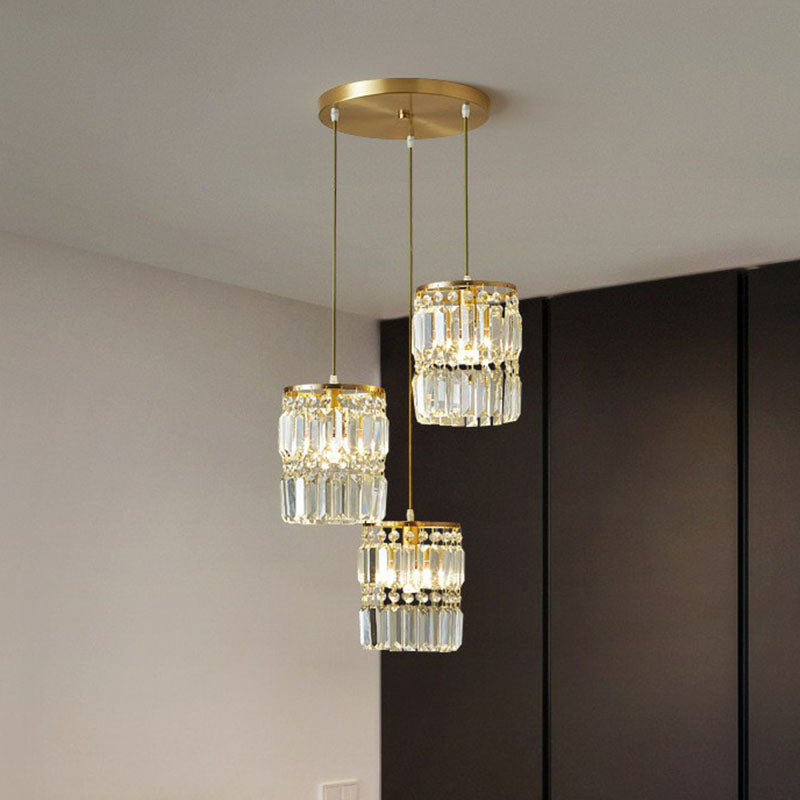 Postmodern Gold Pendant Lamp With 3 Cylinder Crystal Prisms
