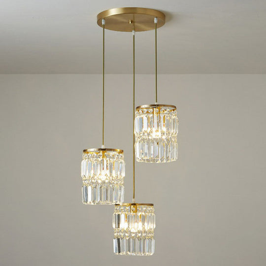 Postmodern Gold Pendant Lamp With 3 Cylinder Crystal Prisms / Round