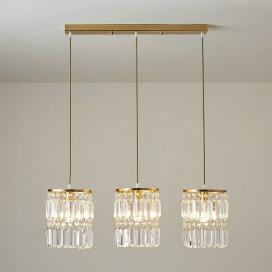 Postmodern 3-Head Gold Hanging Lamp Kit With Cylinder Crystal Prisms / Linear