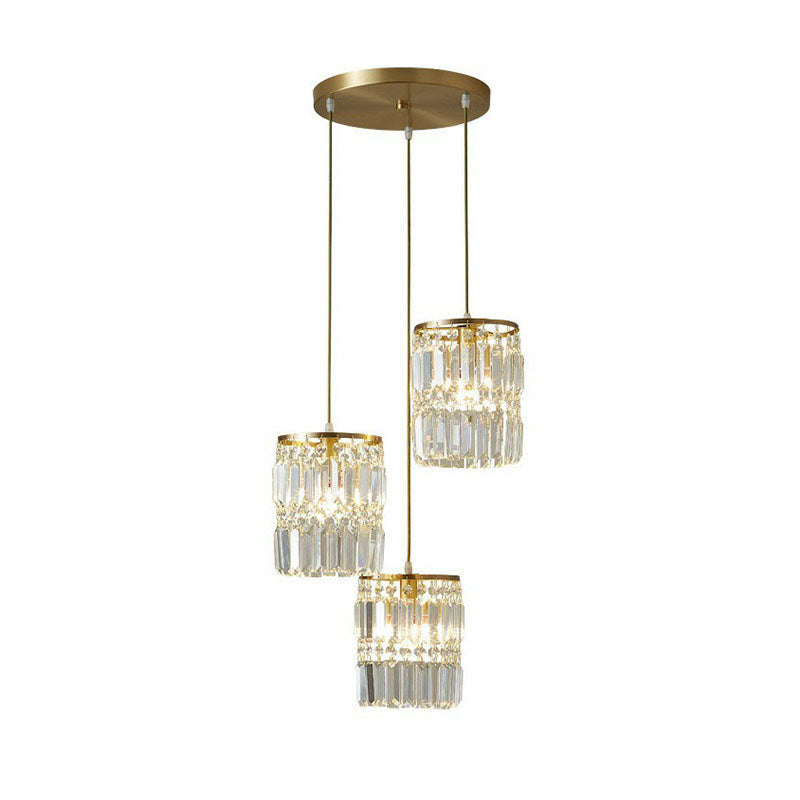 Postmodern Gold Pendant Lamp With 3 Cylinder Crystal Prisms