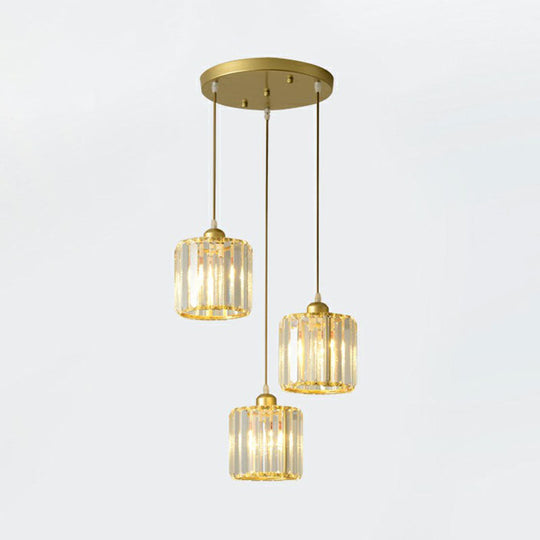 Postmodern Clear Crystal Block Pendant Light - 3-Light Hanging Fixture For Living Room Ceiling Gold
