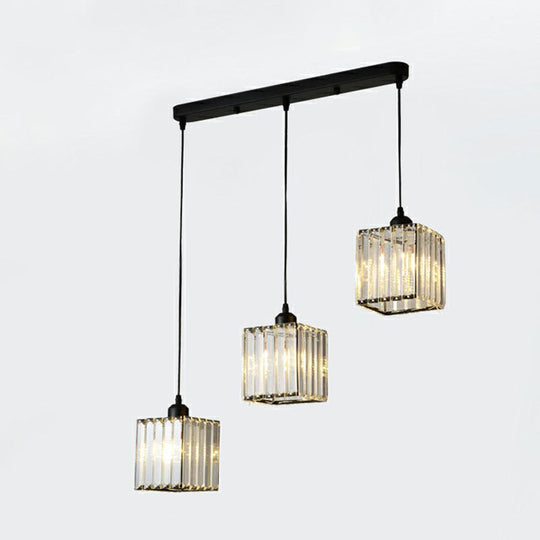 Postmodern Clear Crystal Block Pendant Light - 3-Light Hanging Fixture For Living Room Ceiling Black