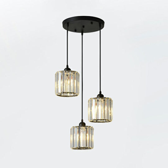 Modern Geometric Crystal Block Pendant Light - 3-Light Ceiling Fixture For Living Room Black / Round