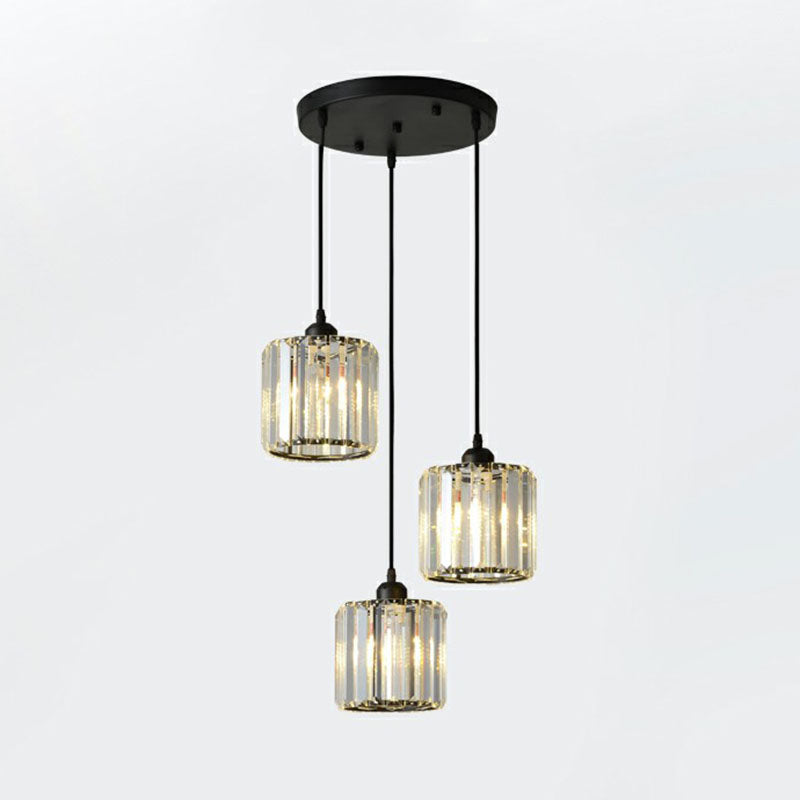 Postmodern Clear Crystal Block Pendant Light - 3-Light Hanging Fixture For Living Room Ceiling Black