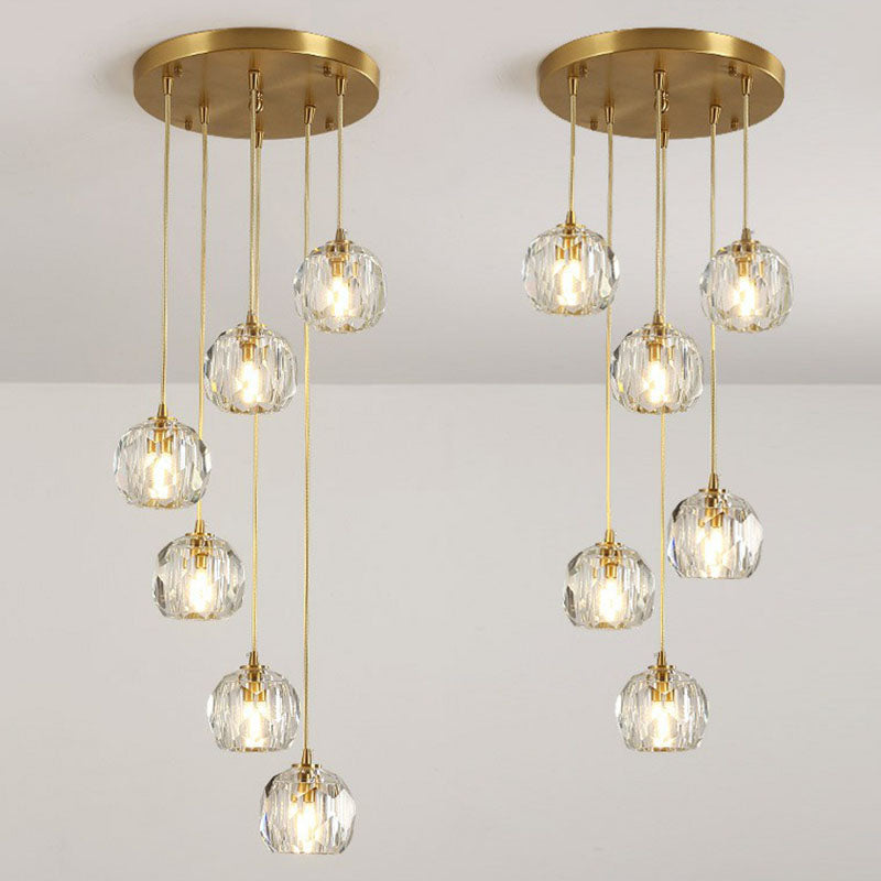 Postmodern Gold K9 Crystal Cluster Pendant Light - Elegant Hanging Lamp For Stairway