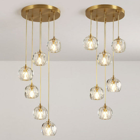 Postmodern Gold K9 Crystal Cluster Pendant Light - Elegant Hanging Lamp For Stairway