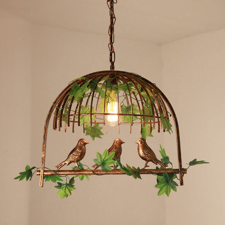 Rustic Iron Bird Cage Pendant Light With Ivy Decor - Industrial Hanging Island For Restaurants Rust