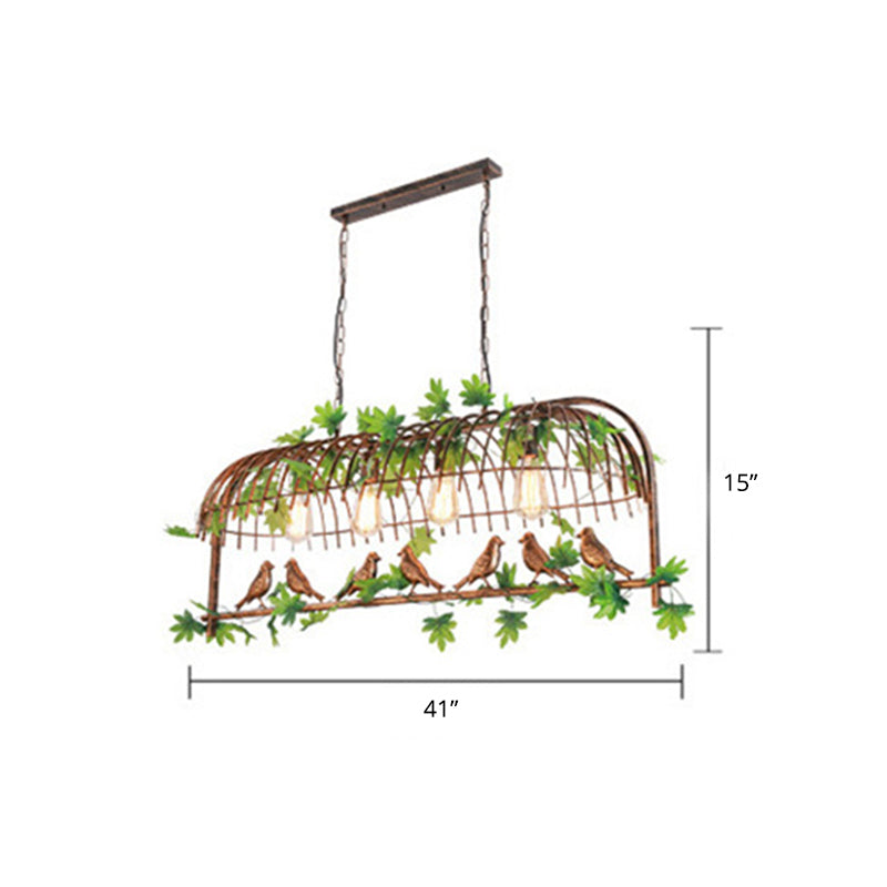 Iron Industrial Bird Cage Pendant Light With Ivy Decor In Rust For Restaurant
