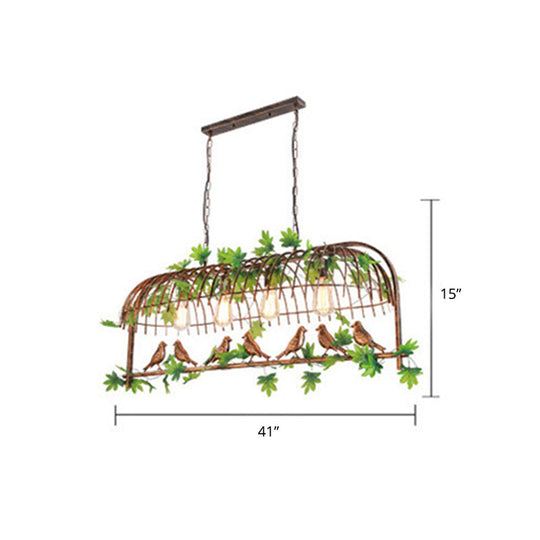 Rustic Iron Bird Cage Pendant Light With Ivy Decor - Industrial Hanging Island For Restaurants