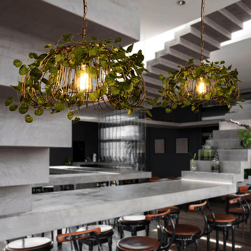 Iron Pendant Ceiling Light With Retro Bird Nest Design And Green Decorative Ivy – Single