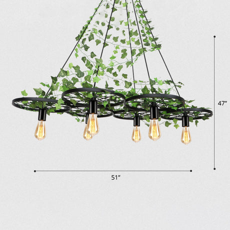 Rustic Metal Wagon Wheel Hanging Lamp With Ivy Decor For Restaurant Green Ceiling Light 6 /