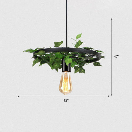 Rustic Metal Wagon Wheel Hanging Lamp With Ivy Decor For Restaurant Green Ceiling Light 1 /