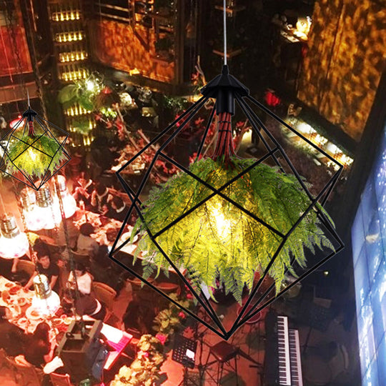 Vintage Green Caged Iron Plant Hanging Lamp - Single-Bulb Pendant For Restaurant Lighting