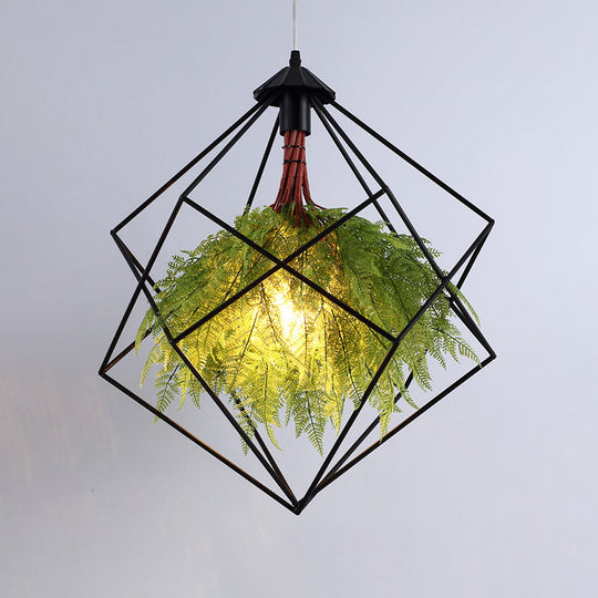 Vintage Green Caged Iron Plant Hanging Lamp - Single-Bulb Pendant For Restaurant Lighting / 16’