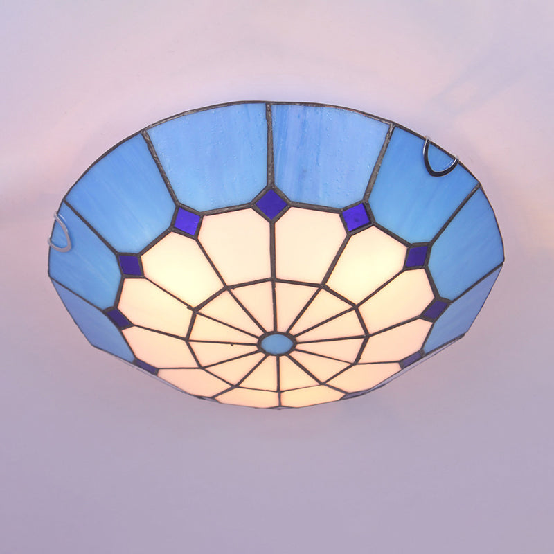 Tiffany Dome Shade Led Flush Mount Lighting For Bedroom - Gridded Glass Fixture Blue / 12’