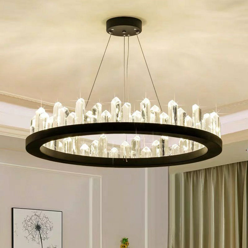 Sleek Clear Crystal Ring Chandelier Light: 3-Bulb Simplicity With Black Pendant Fixture