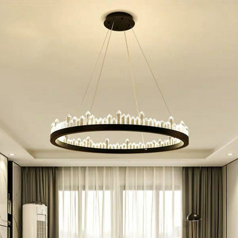 Sleek Clear Crystal Ring Chandelier Light: 3-Bulb Simplicity With Black Pendant Fixture