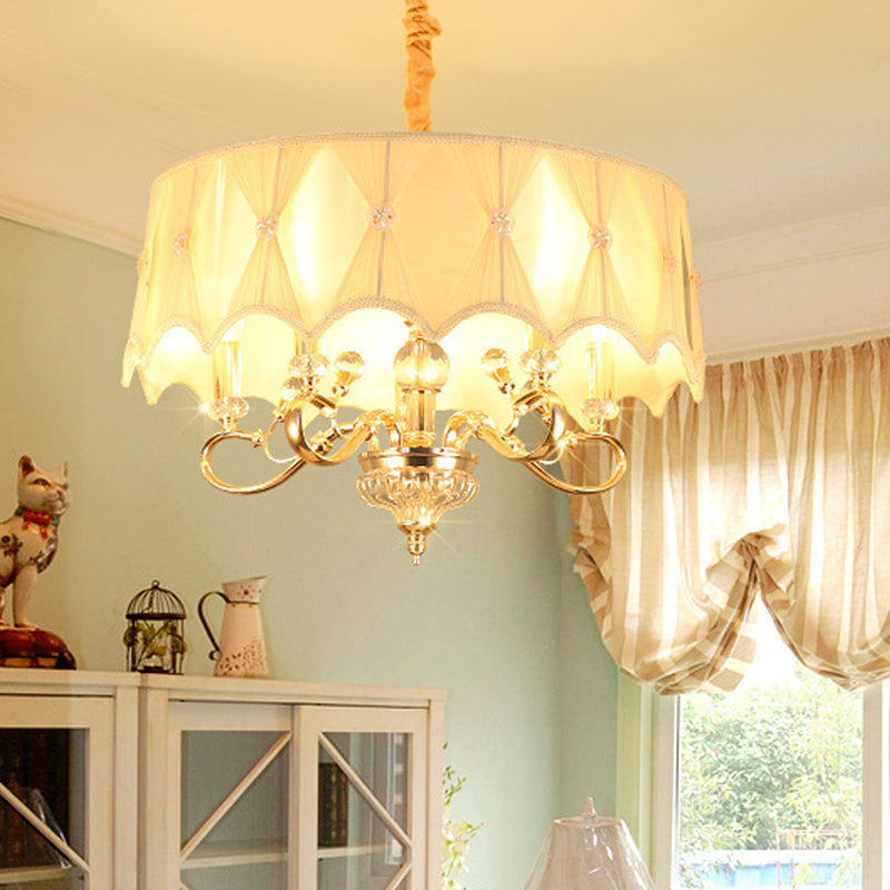 White Fabric Shaded 5-Light Round Chandelier Featuring Crystal Stands - Traditional Ceiling Light