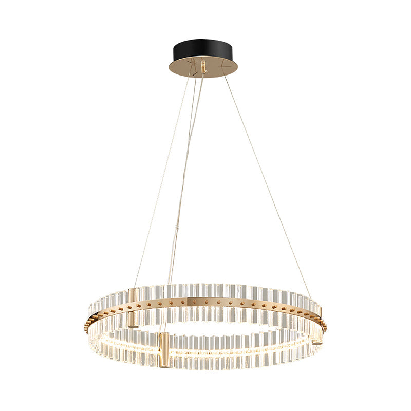 Golden Led Bedroom Pendant Light Kit With Minimalist Circular Clear Crystal Chandelier