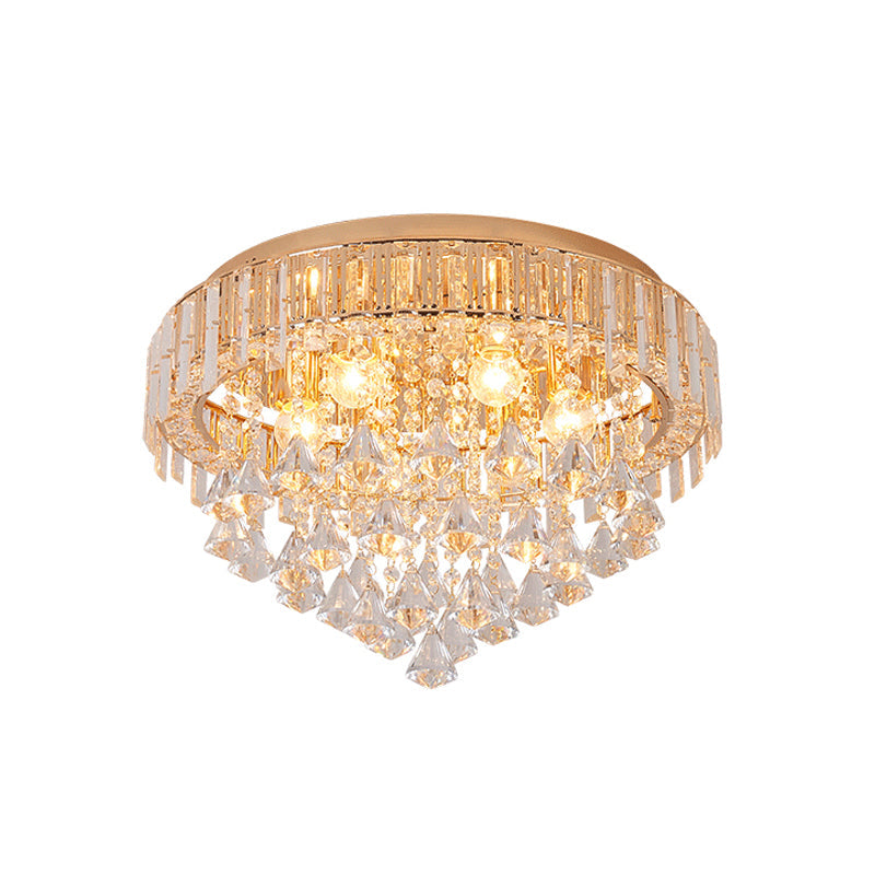 Contemporary Crystal Teardrops Flush Lamp - 5 Light Golden Ceiling Fixture For Living Room