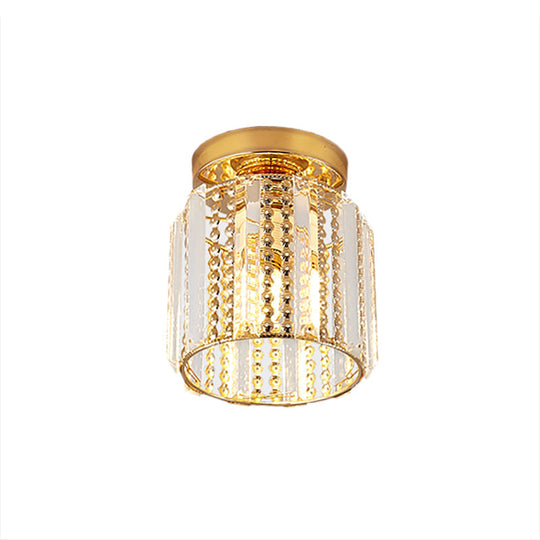 Cylindrical Crystal Mini Flush Lamp - Elegant 1-Light Golden Corridor Ceiling Mounted Light 7’ Wide