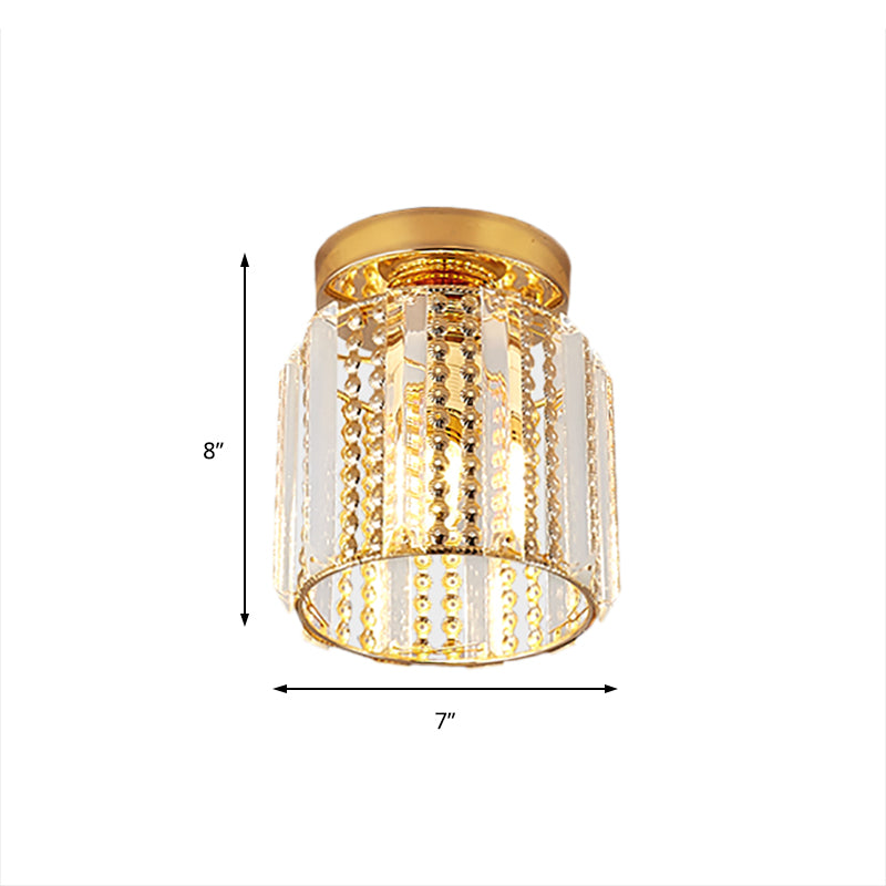 Cylindrical Crystal Mini Flush Lamp - Elegant 1-Light Golden Corridor Ceiling Mounted Light 7’ Wide