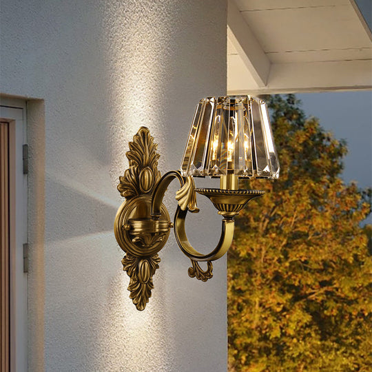 Contemporary Brass Porch Wall Lamp With Crystal Shade - 1 Bulb Lighting Fixture