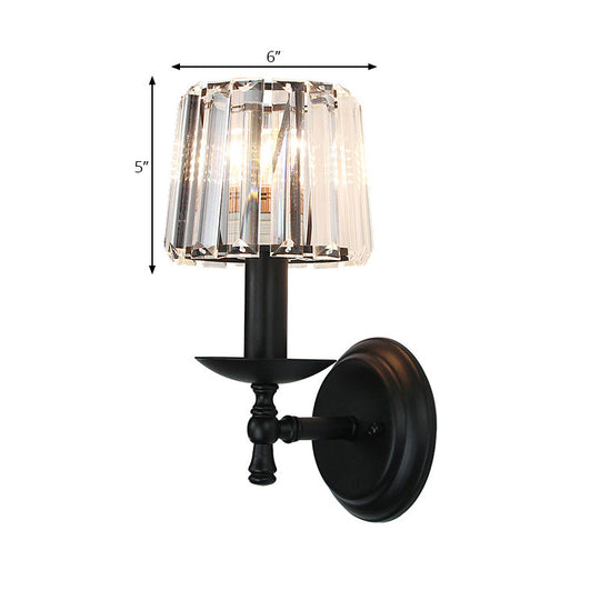 Modern Clear Crystal Wall Lamp: 1-Head Bedside Sconce Light In Black Curved/Straight Arm