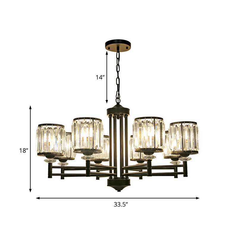 Retro Cylindrical Chandelier Pendant Light - Black Finish Crystal Accent Adjustable Chain 3/6/8