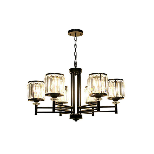 Retro Cylindrical Chandelier Pendant Light - Black Finish Crystal Accent Adjustable Chain 3/6/8