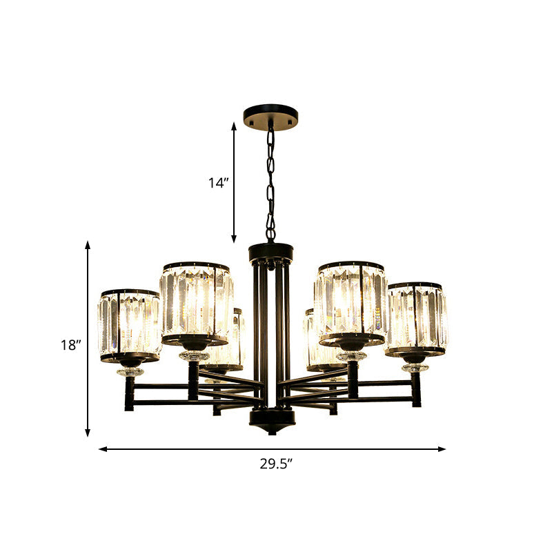 Retro Cylindrical Chandelier Pendant Light - Black Finish Crystal Accent Adjustable Chain 3/6/8