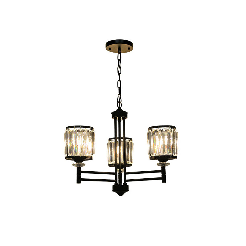 Retro Cylindrical Chandelier Pendant Light - Black Finish Crystal Accent Adjustable Chain 3/6/8