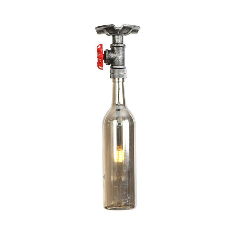 Vintage Indoor Ceiling Mounted Fixture: 1-Light Semi-Mount With Wine Bottle Glass Shade & Valve In