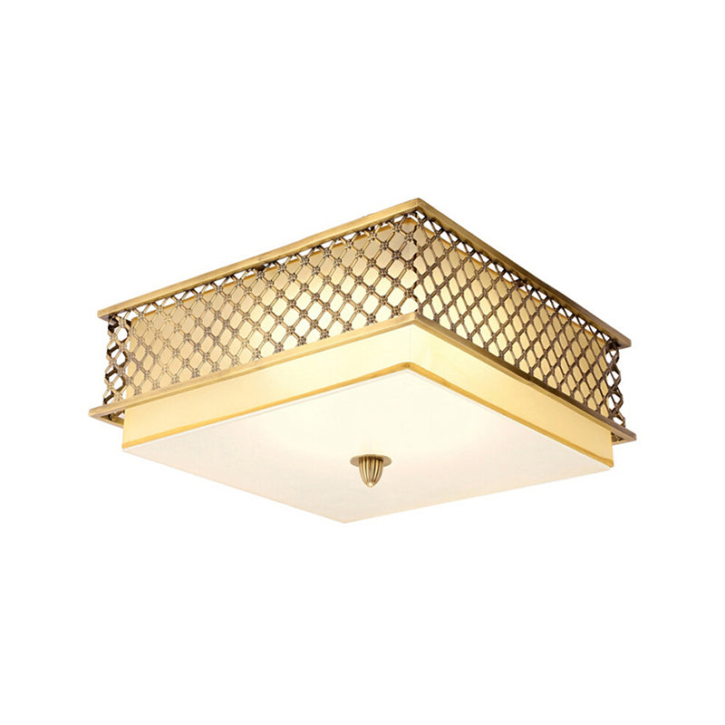 Traditional Square Metal Flushmount Lighting In Brass For Bedroom - 5 Lights 16’/19.5’ Wide