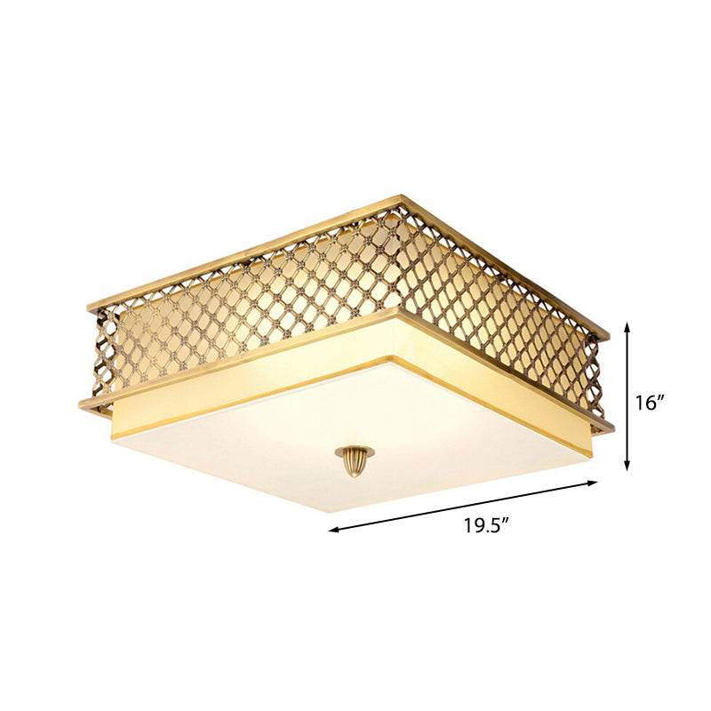 Traditional Square Metal Flushmount Lighting In Brass For Bedroom - 5 Lights 16’/19.5’ Wide
