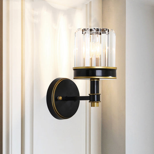 Modern Crystal Cylinder Wall Light - Black Flush Mount Sconce For Hallway