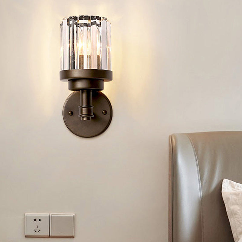 Contemporary Bronze Wall Sconce With Ribbed Crystal Shade - 1 Light Fixture For Hallway