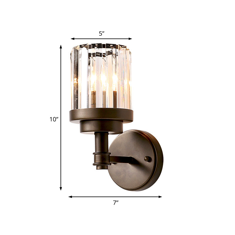 Contemporary Bronze Wall Sconce With Ribbed Crystal Shade - 1 Light Fixture For Hallway