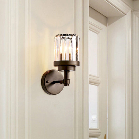 Contemporary Bronze Wall Sconce With Ribbed Crystal Shade - 1 Light Fixture For Hallway
